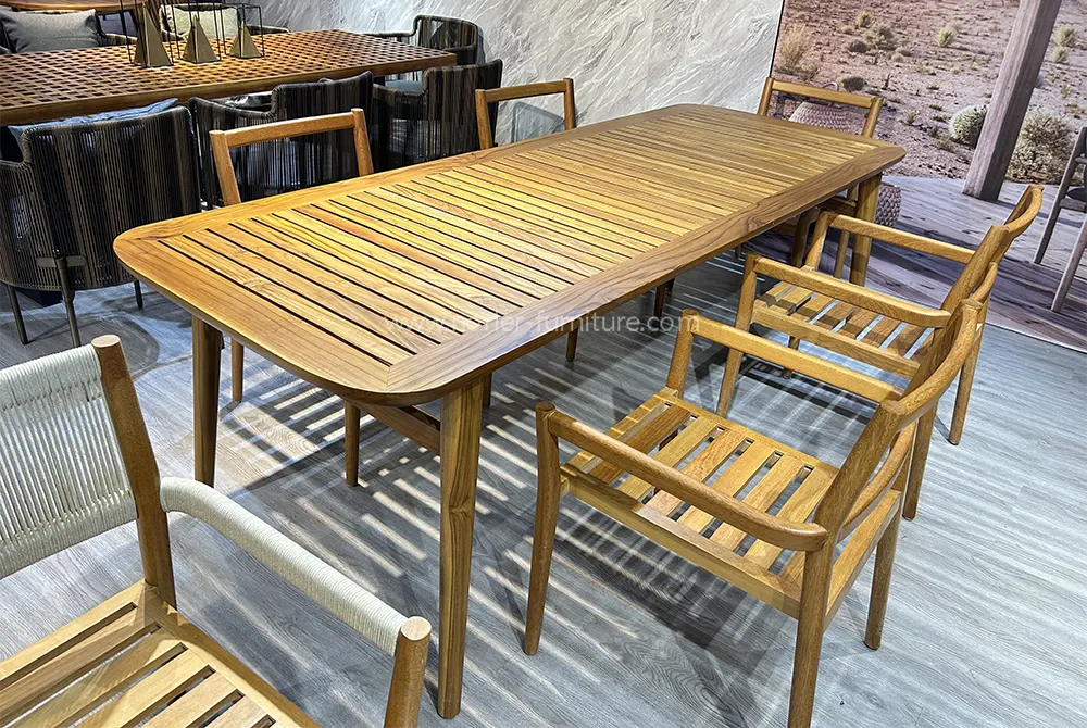 Outdoor Weather Resistant Natural Teak Wood Rattan Dining Set